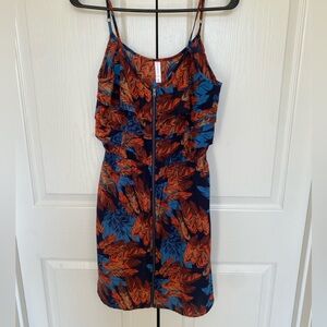 Elegant Blue and Orange Leaf Print zipper front dress from Target